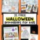 Four examples of free printables for Halloween fun with kids including activity placemats, coloring surprise cards, treasure hunt game, and candy corn color by letter.