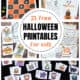 5 examples of free Halloween printables for kids including spiders and ladders game, alphabet handwriting worksheets, coloring surprise cards, activity mats, and memory game.