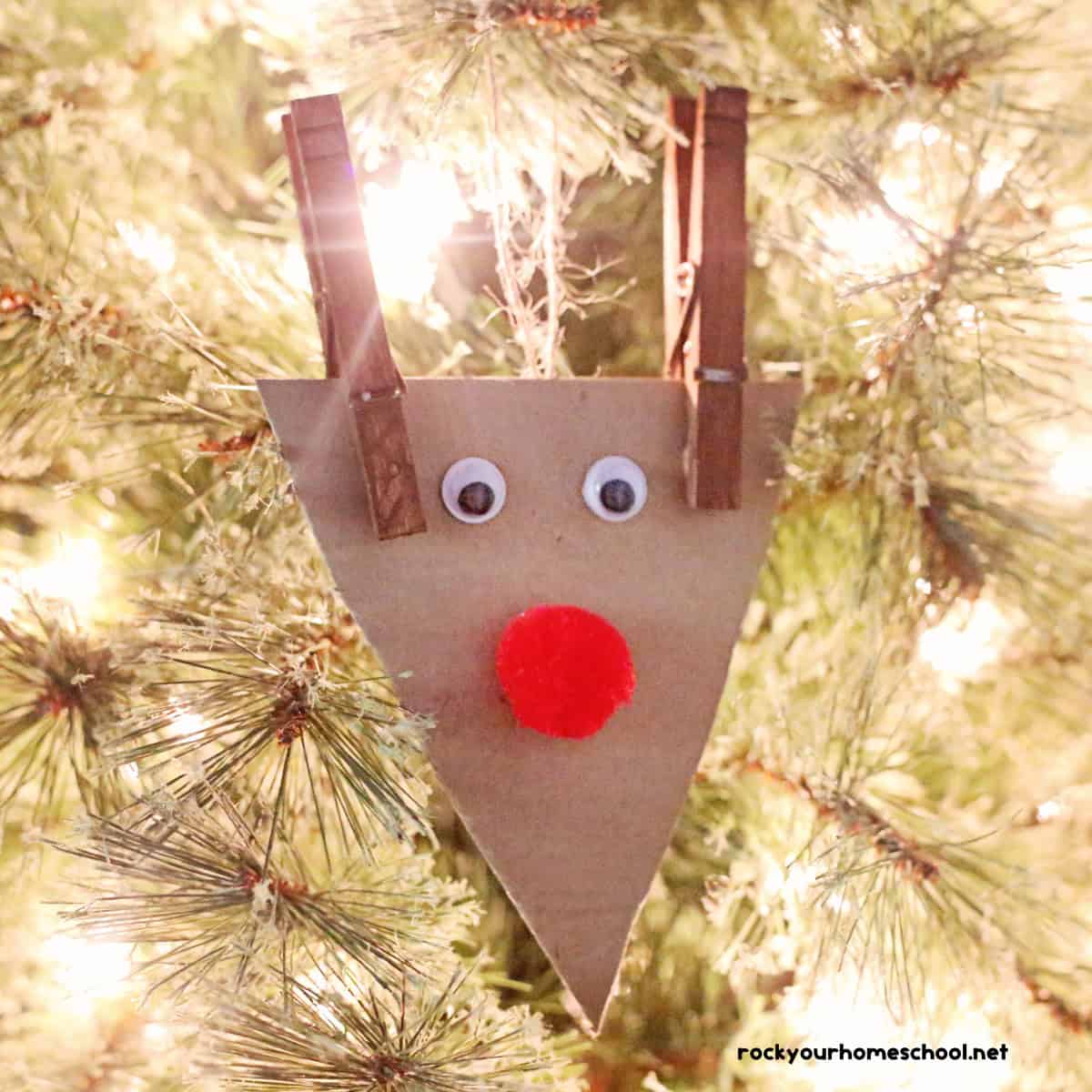 Example of easy reindeer ornament craft using cardboard, red pom pom, googly eyes, and clothespins on pine branches and white lights.