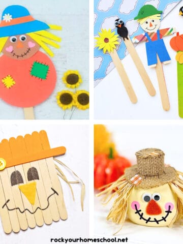 4 examples of cute and easy scarecrow crafts for kids with popscile sticks, foam sheets, raffia, and more.