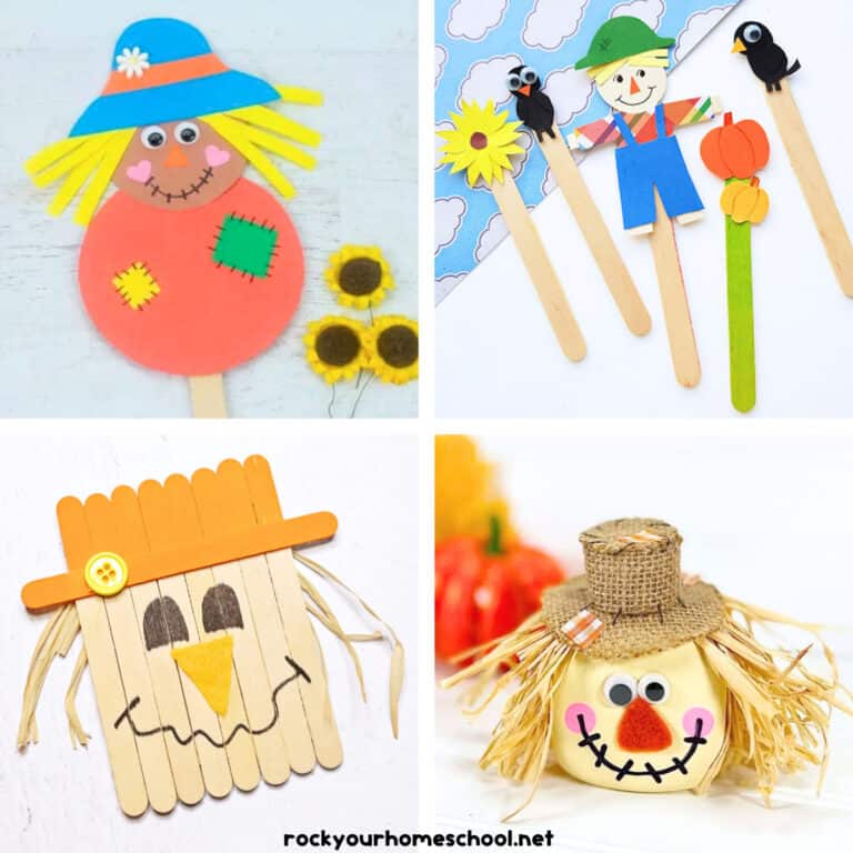 4 examples of cute and easy scarecrow crafts for kids with popscile sticks, foam sheets, raffia, and more.