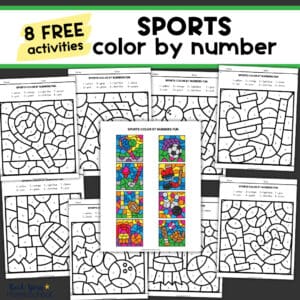 Answer key and eight pages of sports color by number activities.