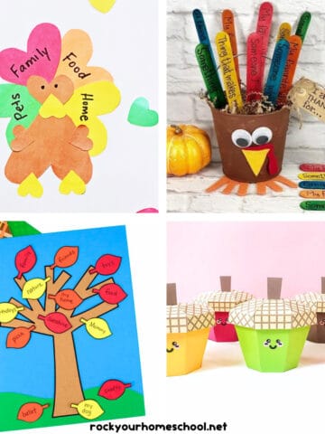 Four examples of thankful crafts for kids with paper heart turkey, popsicle stick thankful bucket, grateful tree, and paper acorn boxes.