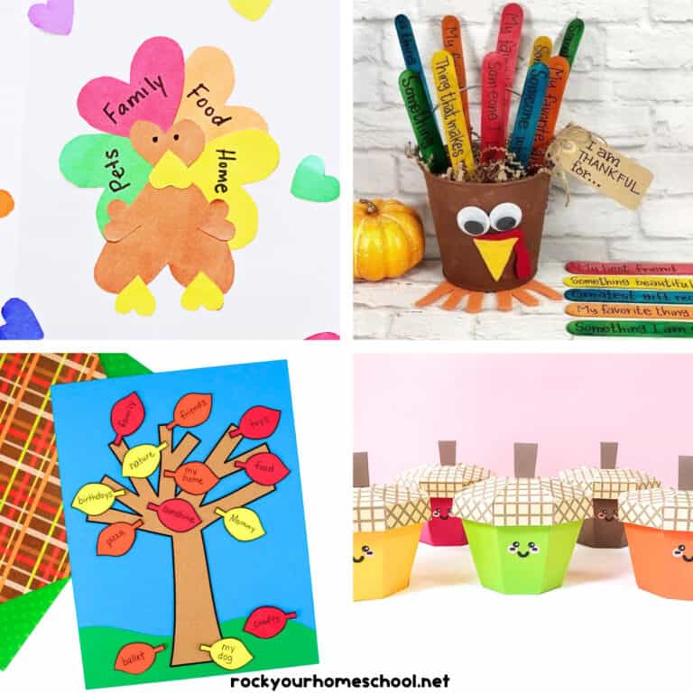 Four examples of thankful crafts for kids with paper heart turkey, popsicle stick thankful bucket, grateful tree, and paper acorn boxes.