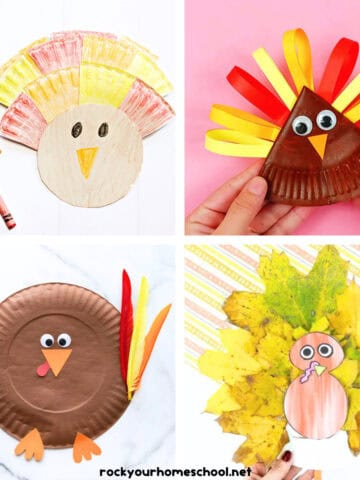 4 examples of paper plate turkey crafts for kids with crayons, googly eyes, feathers, and leaves.