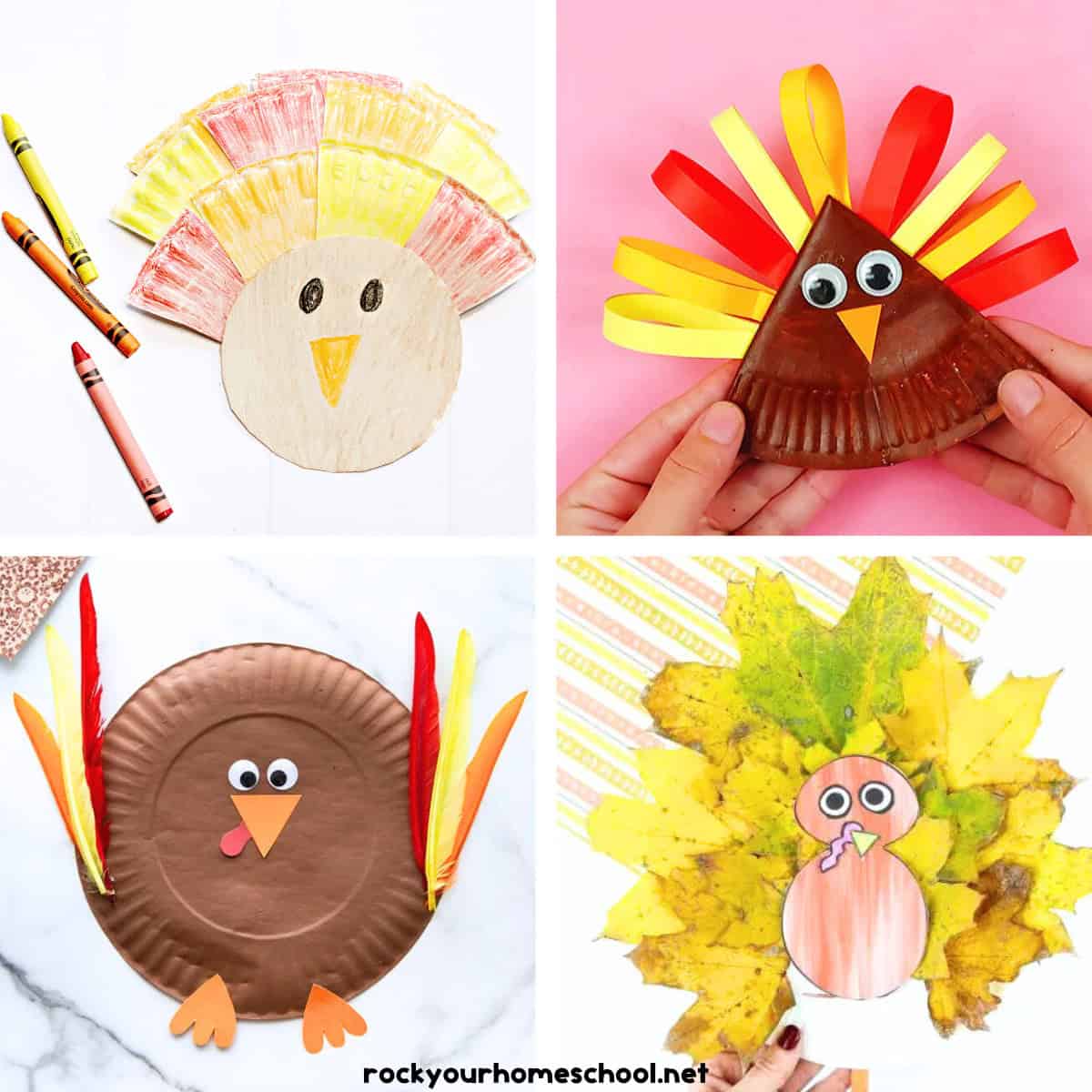 4 examples of paper plate turkey crafts for kids with crayons, googly eyes, feathers, and leaves.