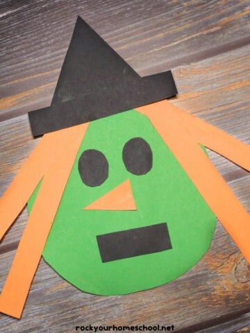 Example of simple witch craft for kids made with construction paper and basic shapes.