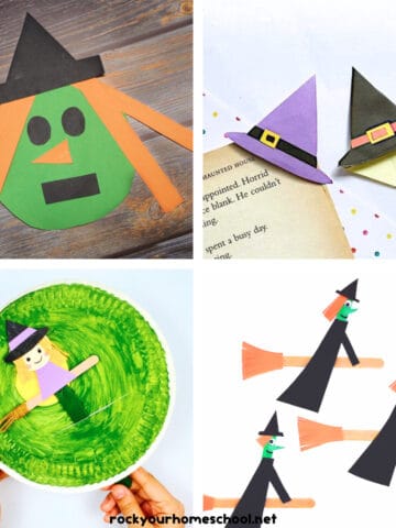 4 examples of witch crafts for kids featuring ideas using construction paper, paper plates, popsicle sticks, and more.