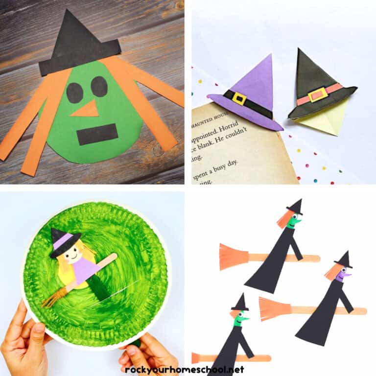 4 examples of witch crafts for kids featuring ideas using construction paper, paper plates, popsicle sticks, and more.