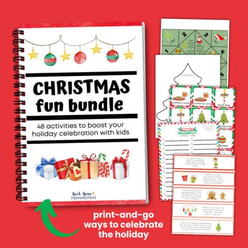 Christmas Fun Bundle cover with exxamples of printable activities like Christmas cootie catcher, Christmas tree writing activity, Christmas memory game, Christmas alphabet game, and Christmas writing prompts.