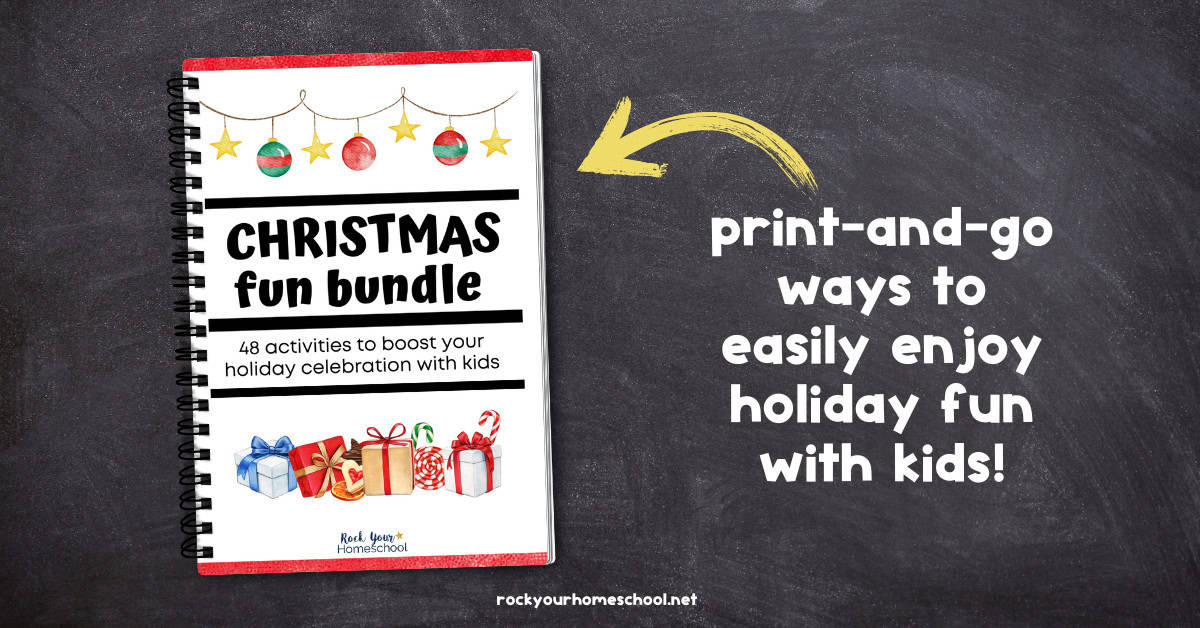 Christmas Fun Bundle pack of 48 different printable activities on black chalkboard background.