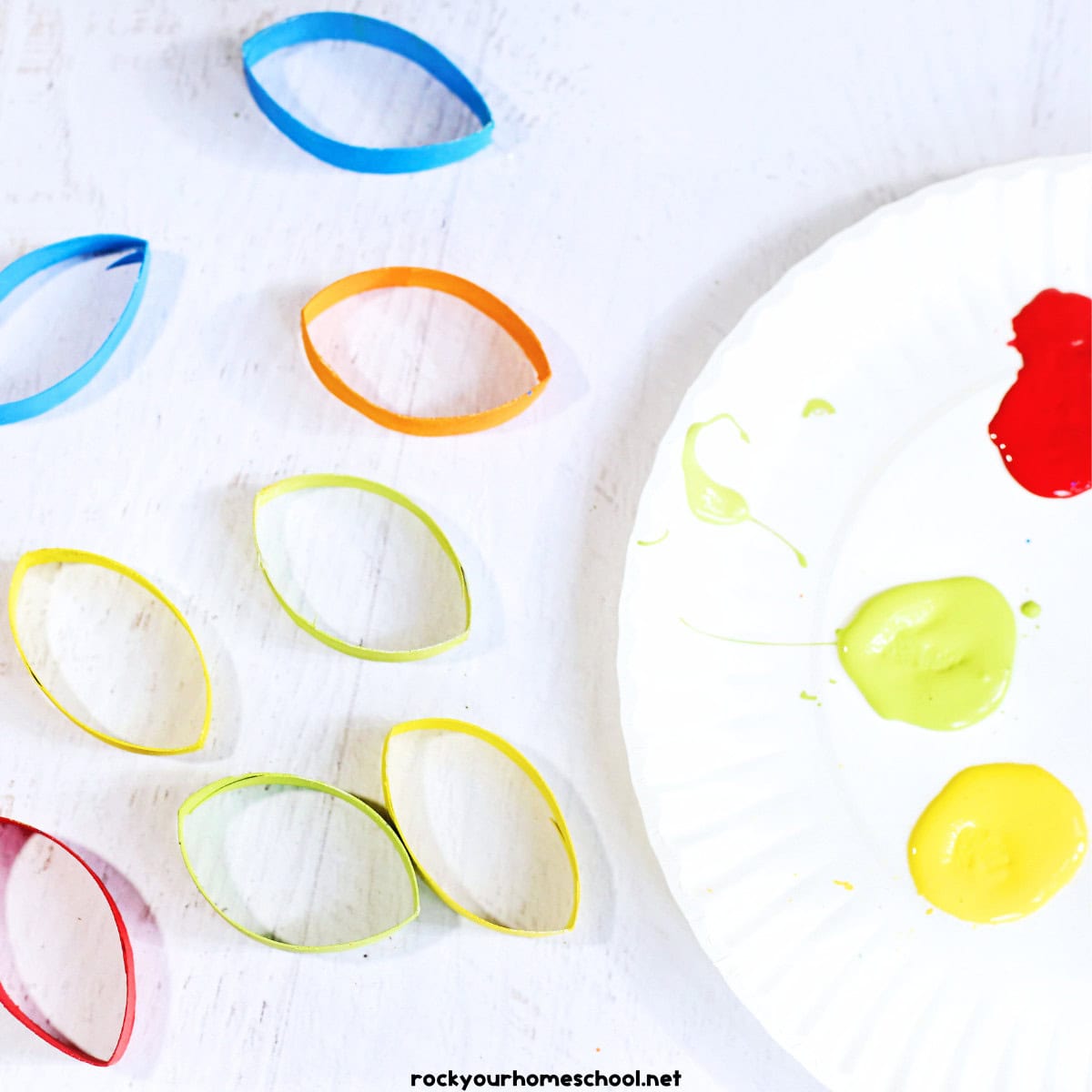 Toilet paper roll rings painted blue, orange, green, yellow, and red.