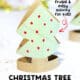 Example of frugal Christmas tree toilet paper roll craft with pine branch and lights in background.