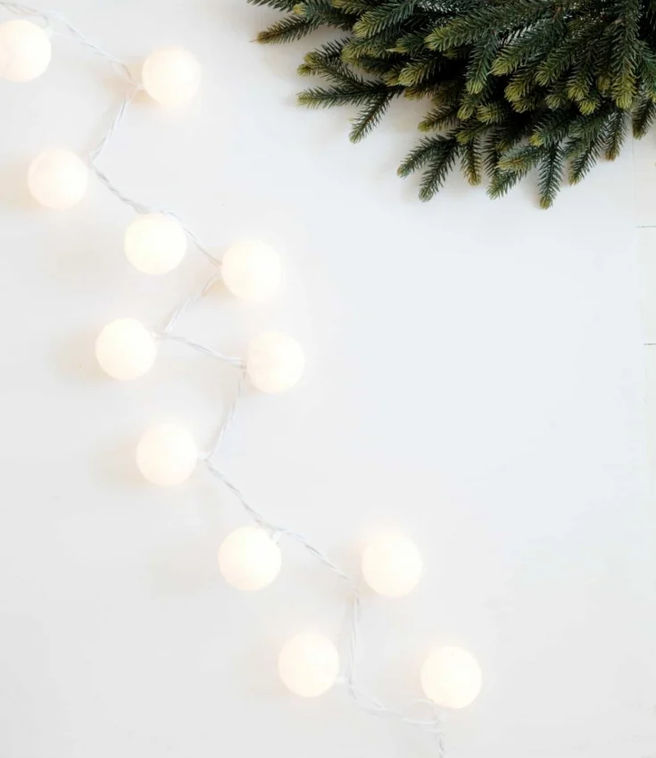 Example of DIY Christmas lights with pine tree branch.