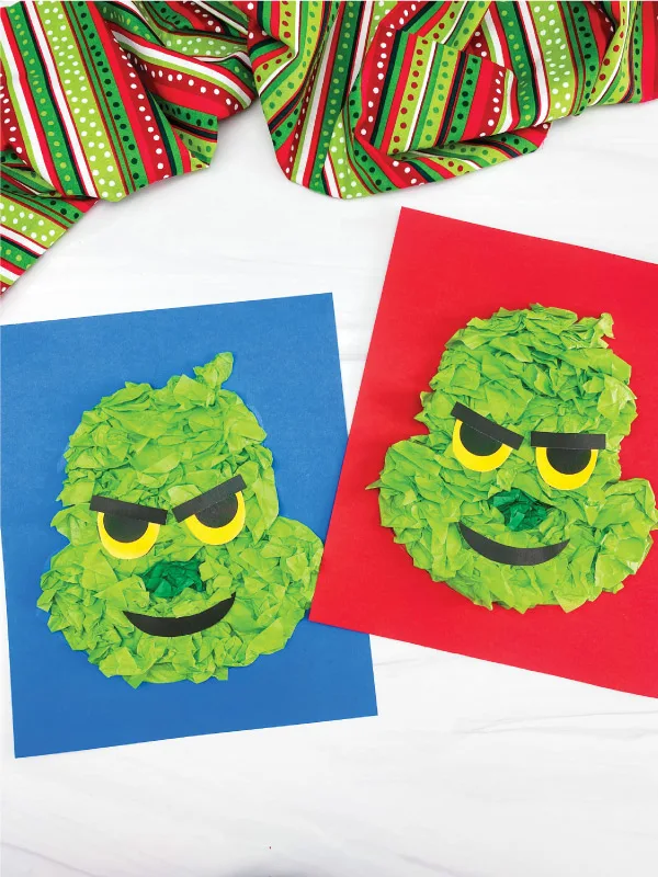 2 examples of Grinch tissue paper crafts.