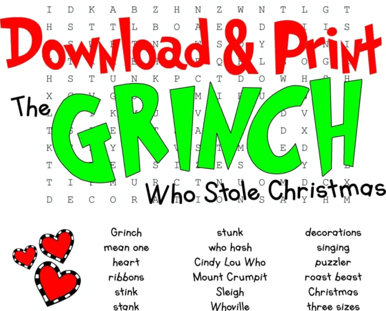 Example of free printable Grinch word search puzzle.