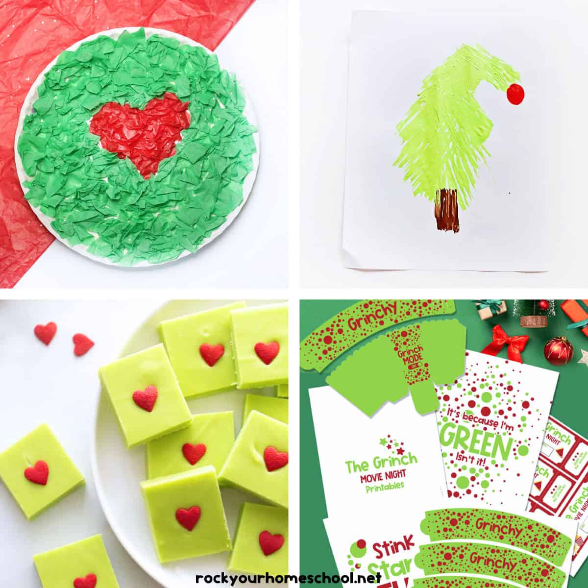 4 examples of Grinch activities like paper plate Grinch heart craft, fork painting tree, fudge, and movie night printables.