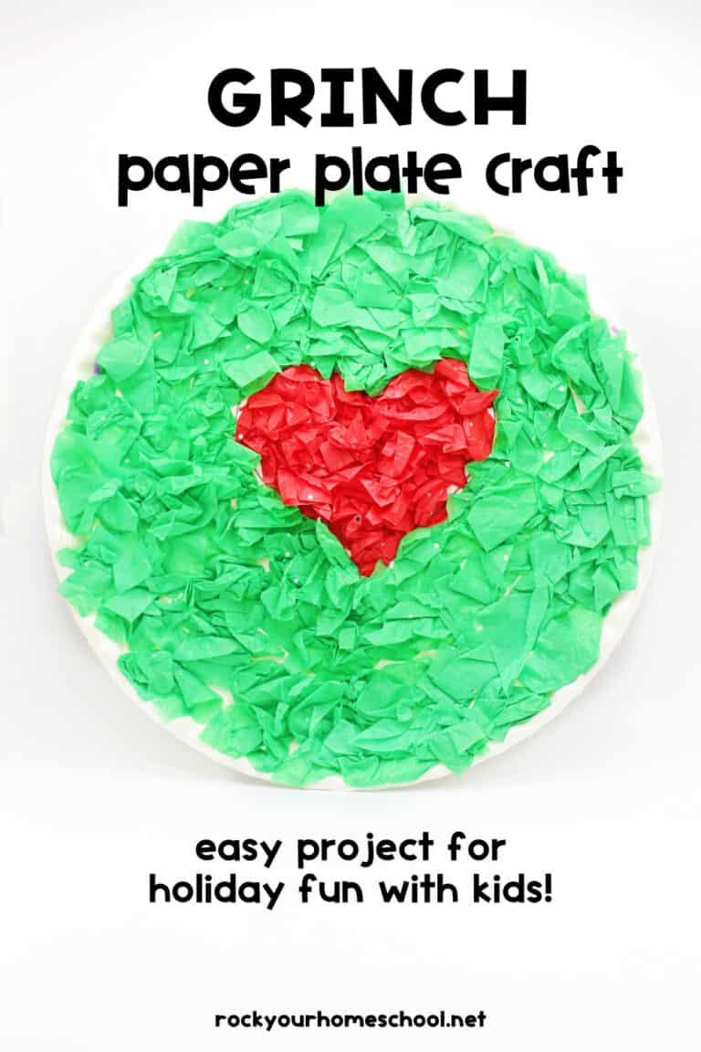 Grinch paper plate craft made with green and red tissue paper with glitter.