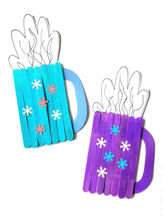 2 handprint and popsicle stick hot chocolate crafts in purple and blue.