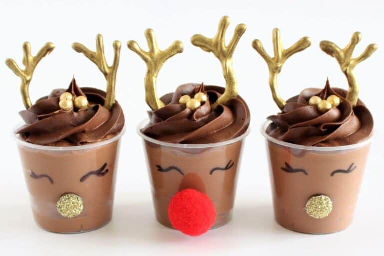 Example of mini-Rudolph chocolate mousse dessert cups with red pom pom nose.