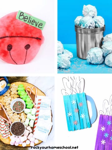 4 Polar Express party ideas featuring red jingle bell coffee filter craft, paper snowballs, Christmas hot chocolate charcuterie board, and popsicle stick hot chocolate mugs.