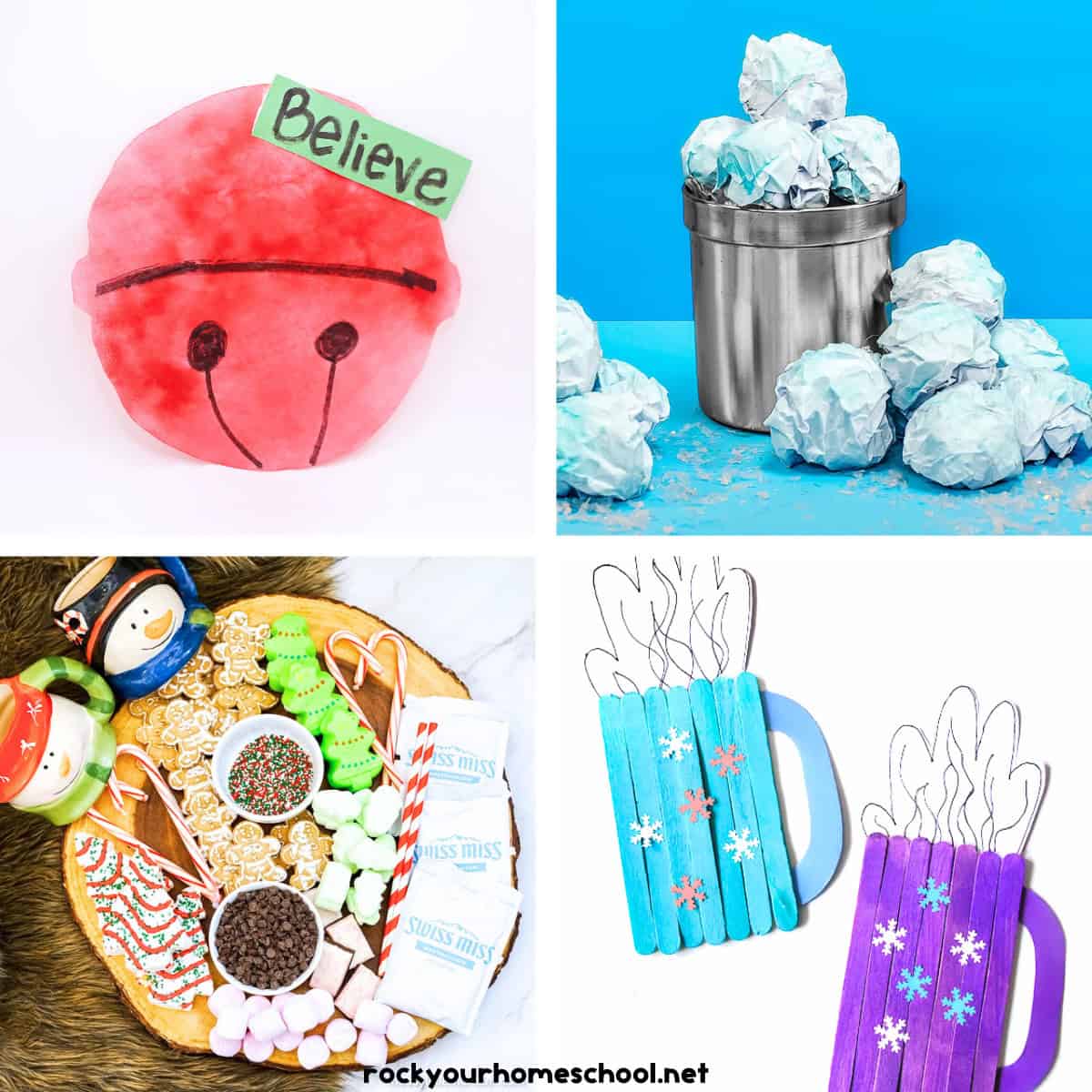 4 Polar Express party ideas featuring red jingle bell coffee filter craft, paper snowballs, Christmas hot chocolate charcuterie board, and popsicle stick hot chocolate mugs.