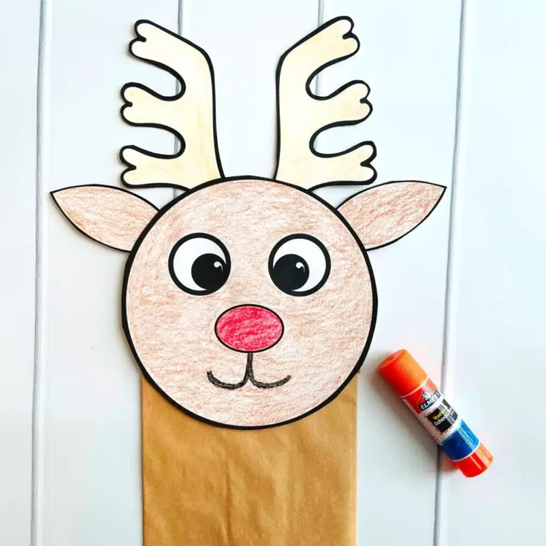 Example of printable reindeer paper bag puppet with glue stick.