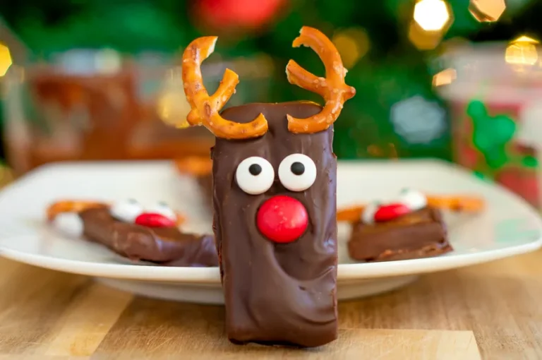 Example of cute reindeer chocolate dipped graham cracker treat.