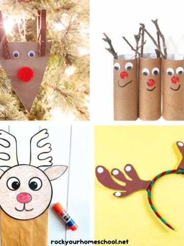 Four examples of Rudolph the Red-Nosed Reindeer activities and ideas including cardboard ornament, toilet paper roll craft, paper bag puppet, and antlers headband.