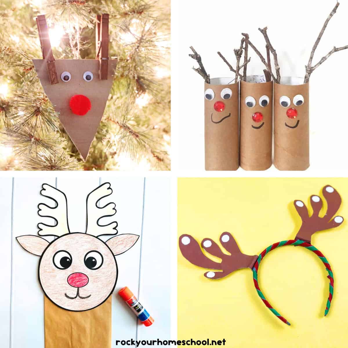 Four examples of Rudolph the Red-Nosed Reindeer activities and ideas including cardboard ornament, toilet paper roll craft, paper bag puppet, and antlers headband.