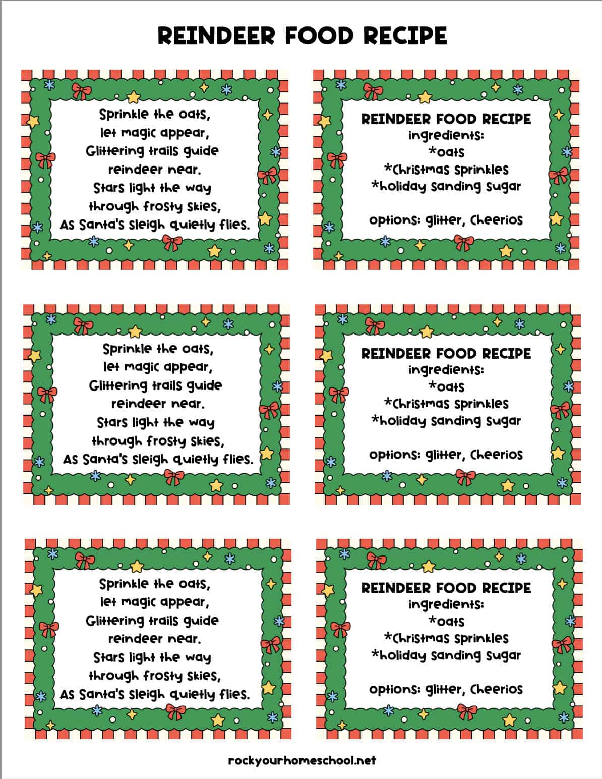 Example of printable Reindeer Food Recipe tags.