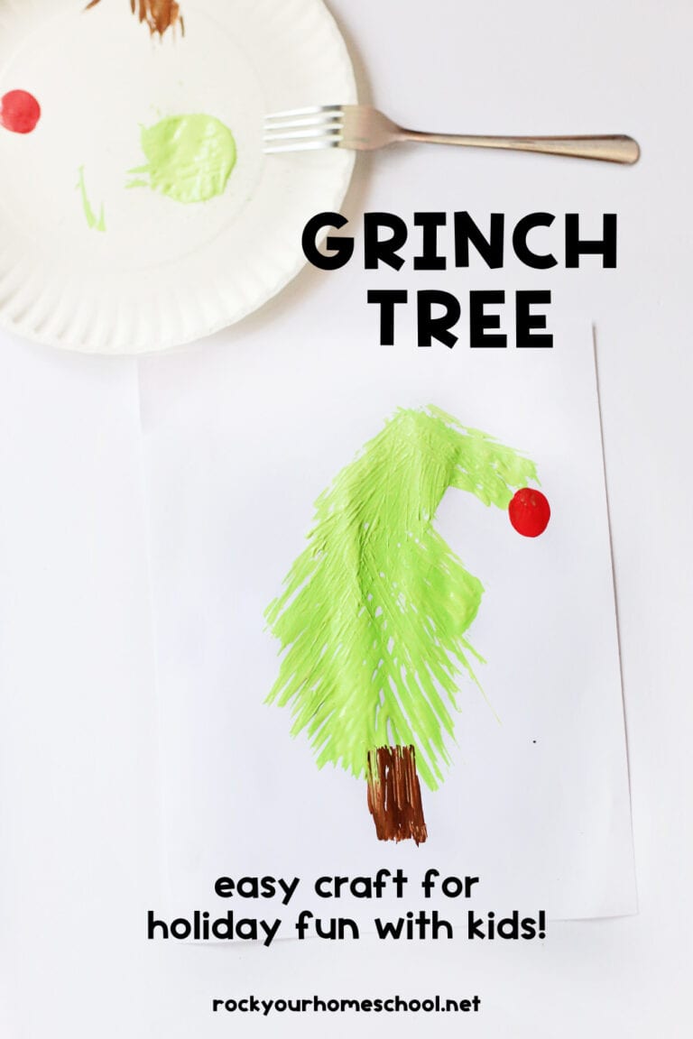 Paper plate with example of Grinch tree craft made by fork painting.