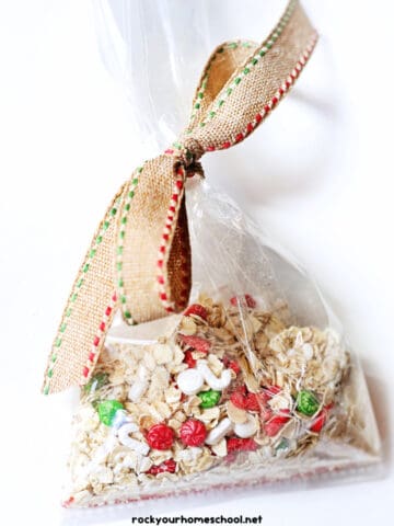 Bag of reindeer food made out of oats, red sanding sugar, and Christmas sprinkles with ribbon.