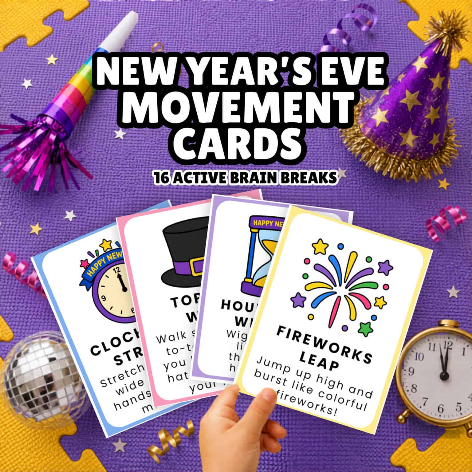 A child's hand holding printable New Year's Eve movement cards for fun activities for kids.