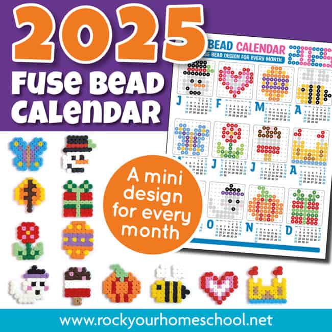 Example of 2025 perler bead craft calendar with 12 examples of the crafts.