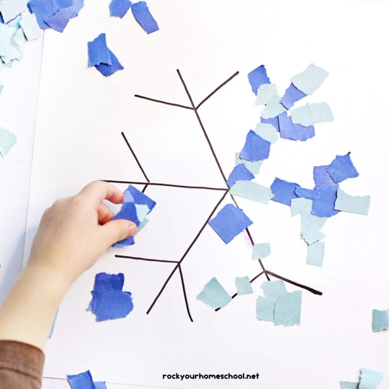 Child placing blue square of construction paper on black line of torn paper snowflake craft.