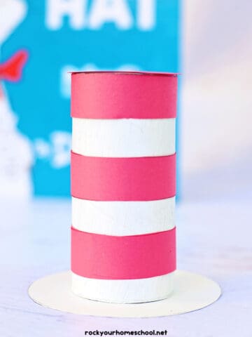 Example of red and white toilet paper roll craft for The Cat in the Hat by Dr. Seuss.