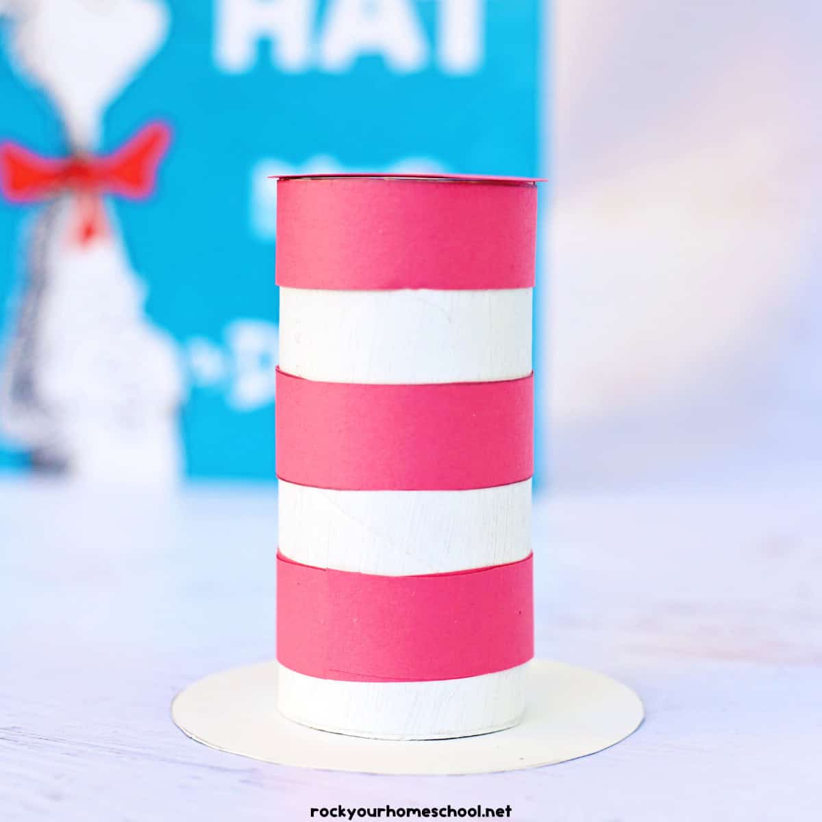 Example of red and white toilet paper roll craft for The Cat in the Hat by Dr. Seuss.