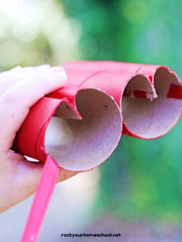 Child holding red heart-shaped toilet paper roll binoculars.