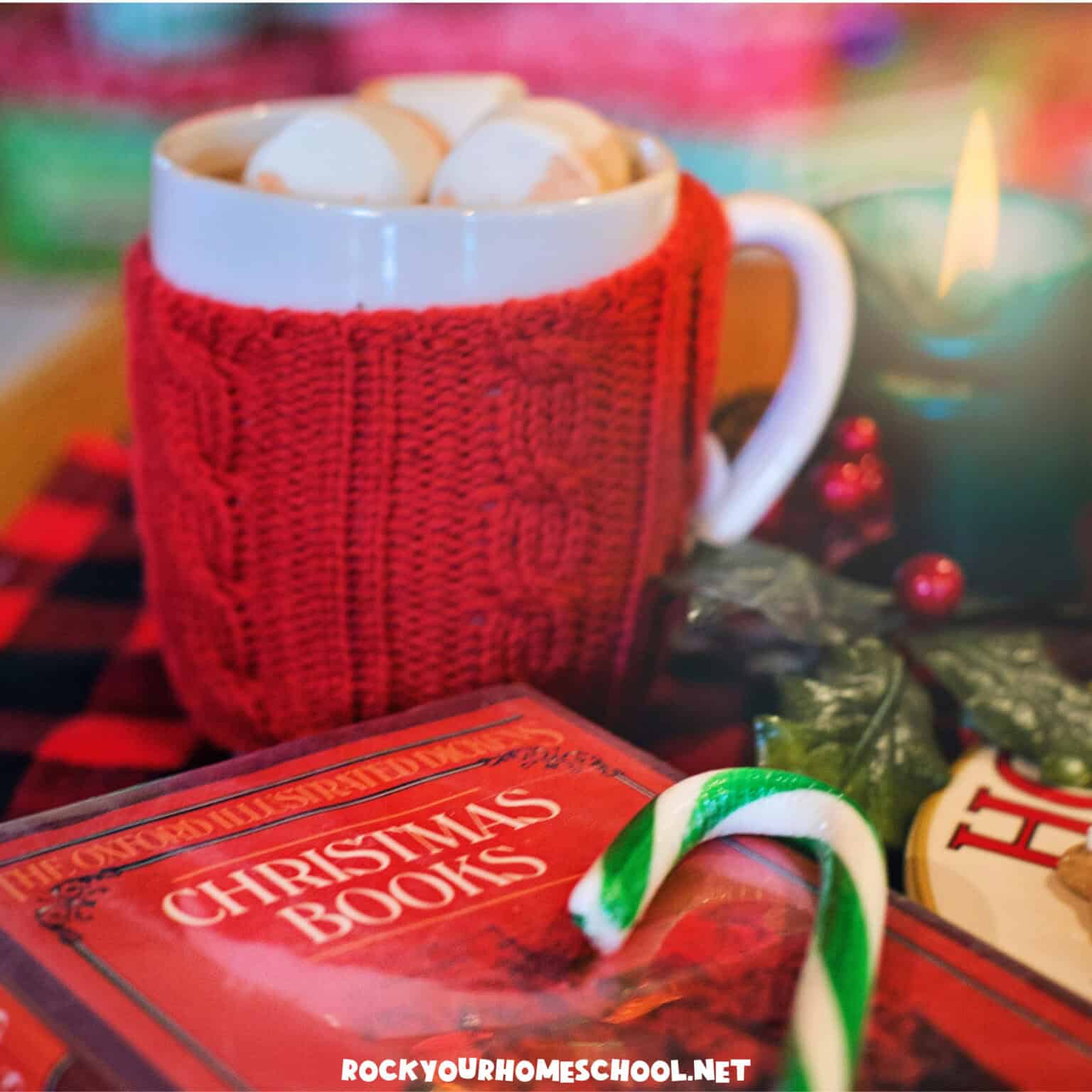 Book, candy cane, mug of hot chocolate, and Christmas decorations to feature holiday homeschooling in a relaxed and fun way.