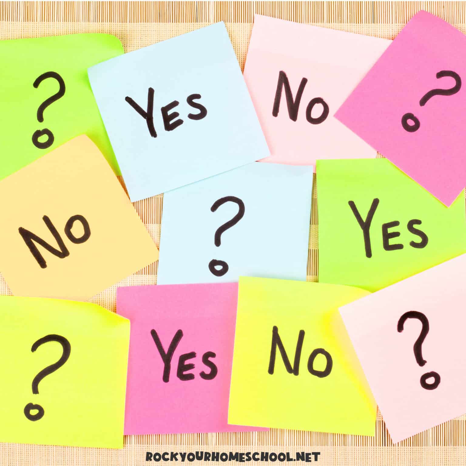 Sticky notes with Yes, No, and questions marks to feature how to make homeschool decisions with confidence.