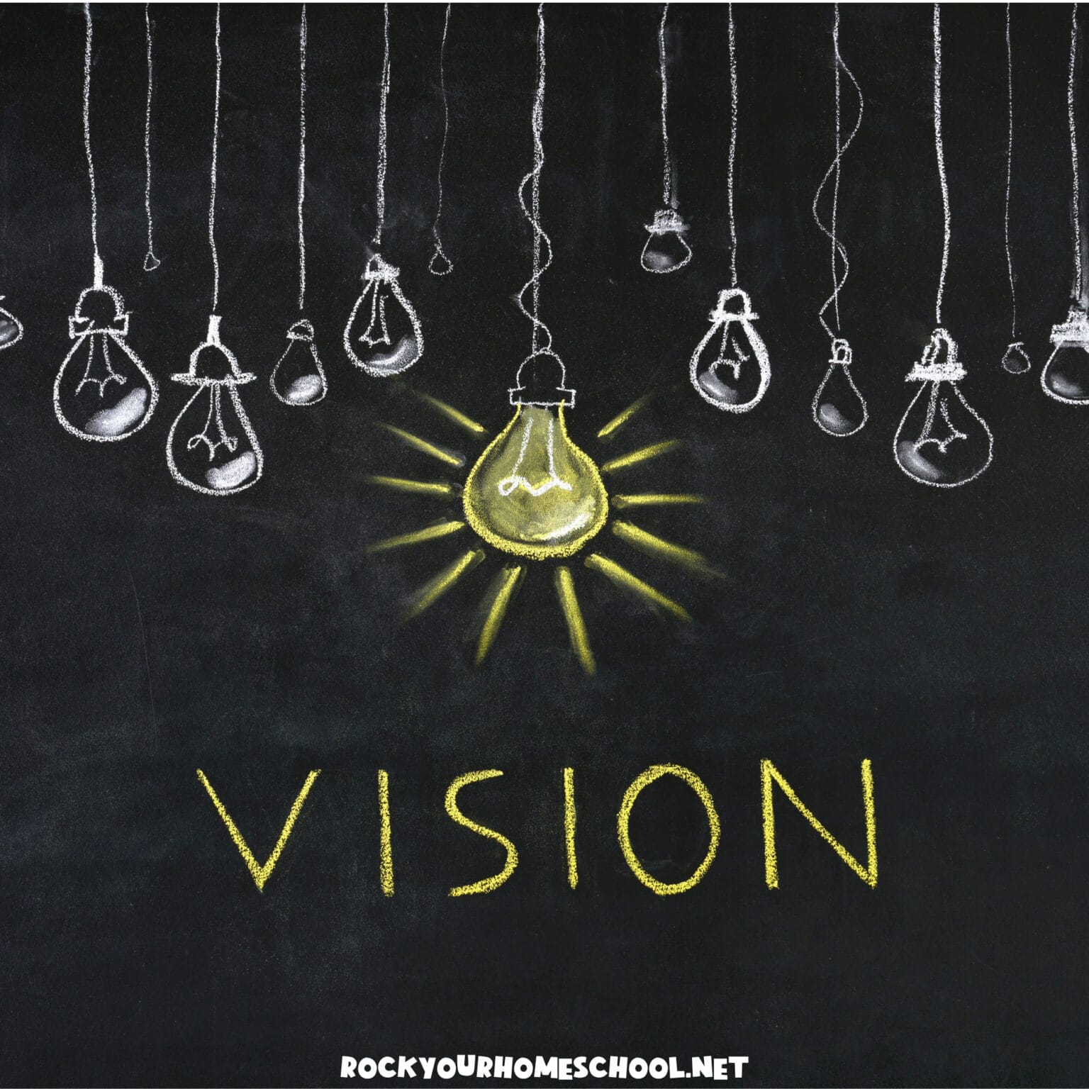 VISION and lightbulbs on chalkboard to feature homeschool vision ideas.