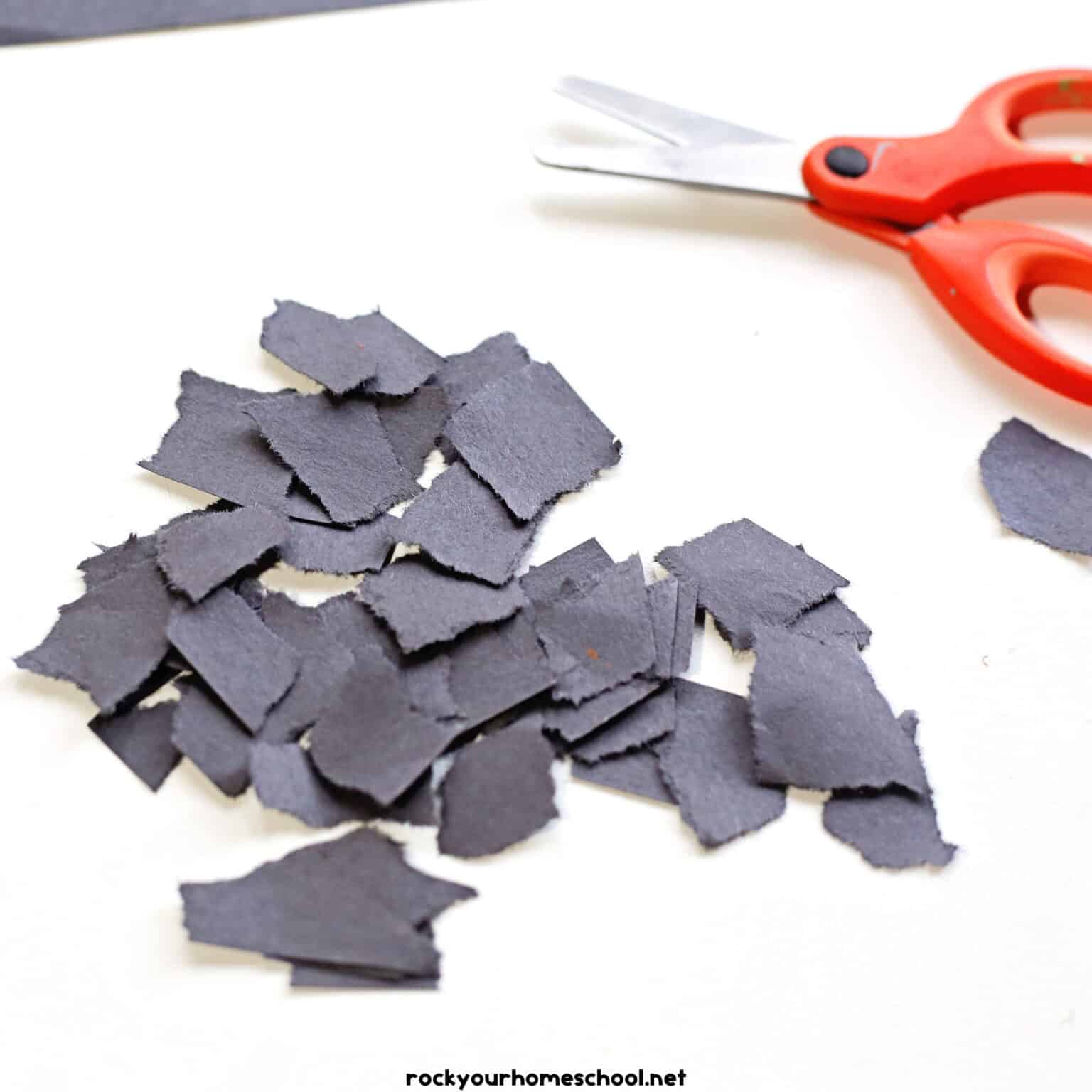 Torn pieces of black construction paper with scissors.
