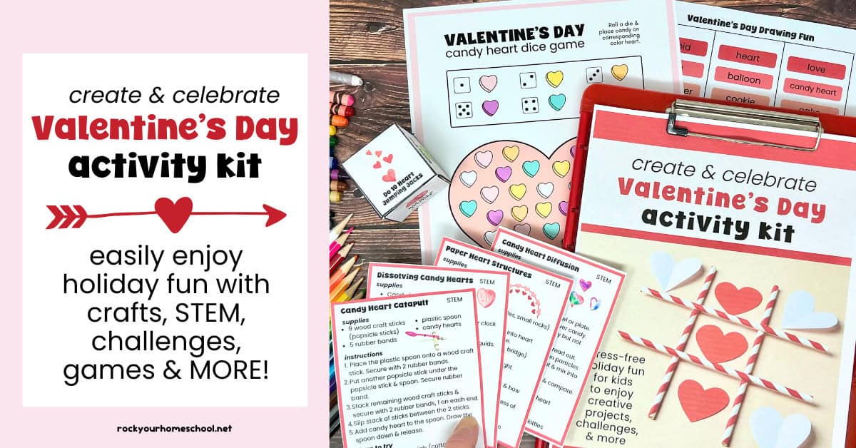 Woman holding STEM project cards for Valentine's Day Activity Kit for kids with Candy Heart Dice Game and drawing fun prompts in background.