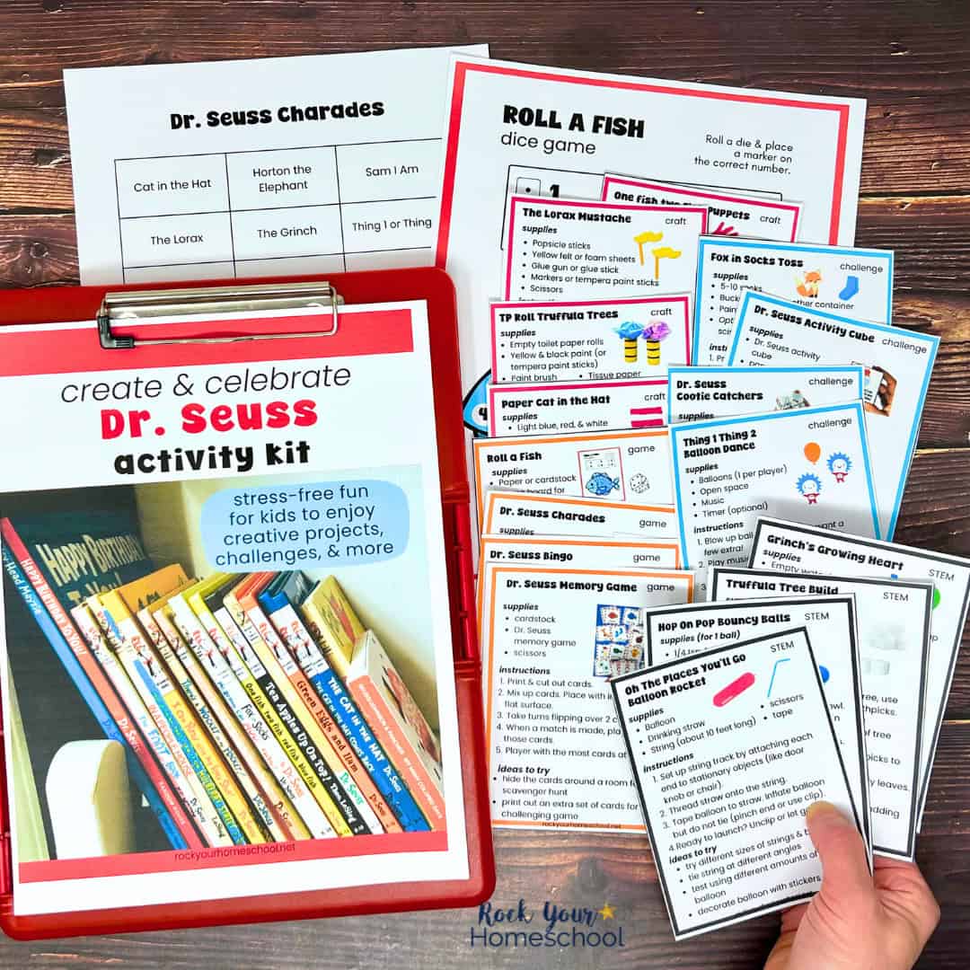 Create & Celebrate Dr. Seuss Activity Kit for kids cover with woman holding STEM project cards and examples of crafts, challenges, and games in background.