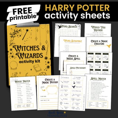 Examples of free printable Harry Potter activity sheets with charade cards, word puzzles, games, and more and cover of Witches & Wizards activity sheets kit.