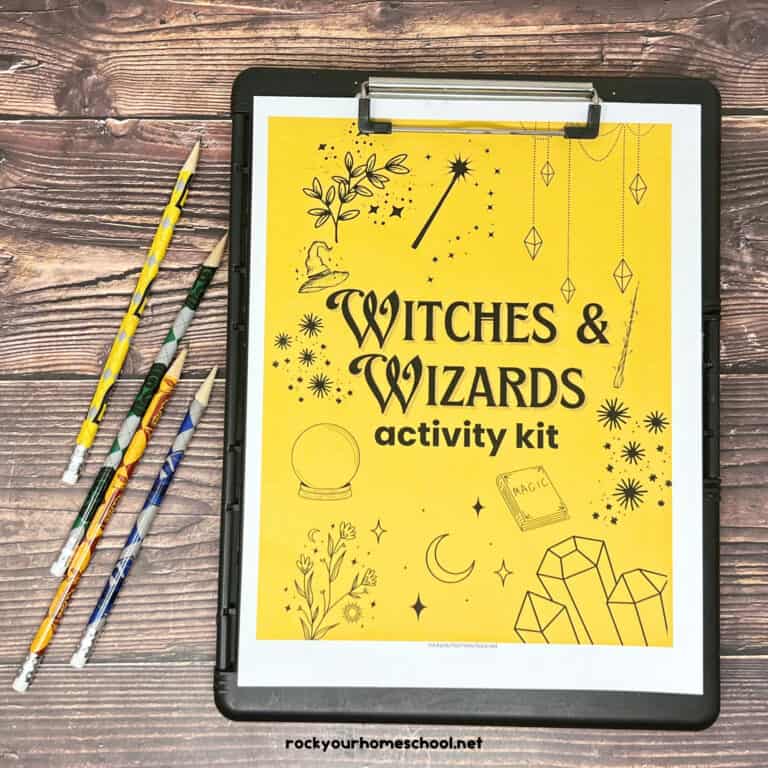 Cover of Witches & Wizards activity sheets in gold and black with pencils to feature these free printable Harry Potter activity sheets set.