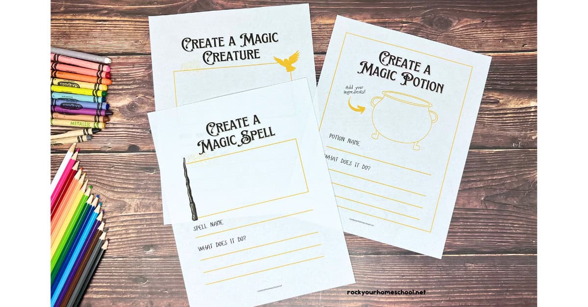 Examples of free printable Harry Potter activity sheets featuring Create a Magic Creature, Create a Magic Potion, and Create a Magic Spell. 