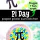 Black paper Pi symbol with light blue, green, and yellow paper circles and example of Pi Day craft.