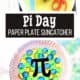 Black construction paper, paper plate, box of crayons, scissors, roll of contact paper, and yellow, blue, and green papers with example of Pi Day craft.